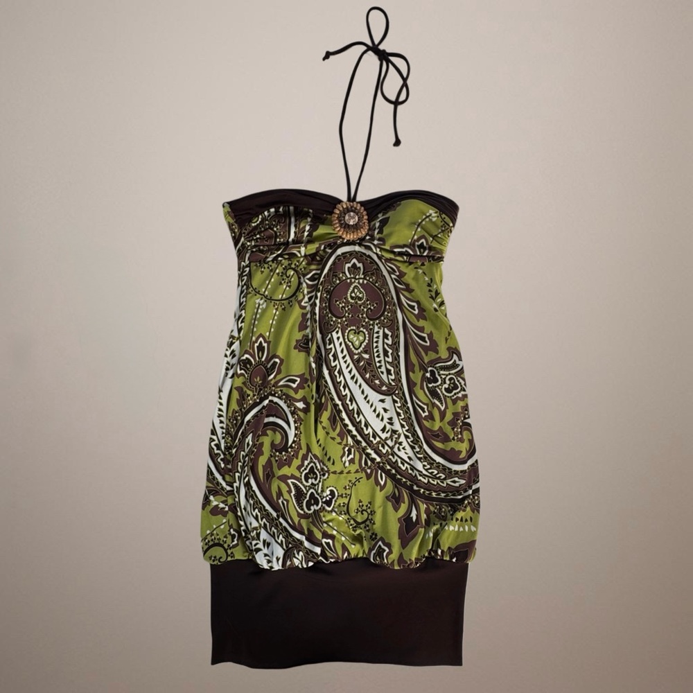 Vintage City Triangles Green Paisley Strapless Halter Tank with Brown Trim - Picture 7 of 13
